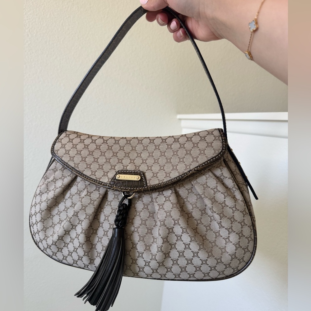 Vintage Celine Macadam Canvas Hobo Shoulder Bag w/ Tassle